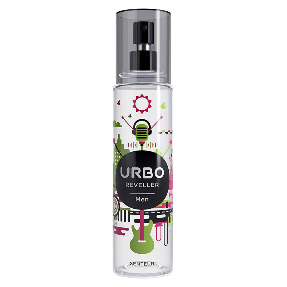 Urbo Reveller for Men body spray 150 mL bottle, featuring masculine scent, with a sleek design and spray nozzle visible.