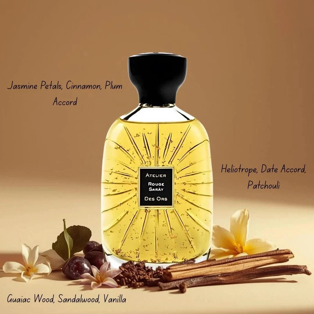 Rouge Sarây Eau de Parfum spray by Atelier Des Ores, 100ml bottle with elegant packaging and deep red accents.