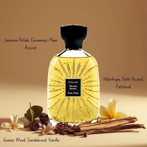 Rouge Sarây Eau de Parfum spray by Atelier Des Ores, 100ml bottle with elegant packaging and deep red accents.
