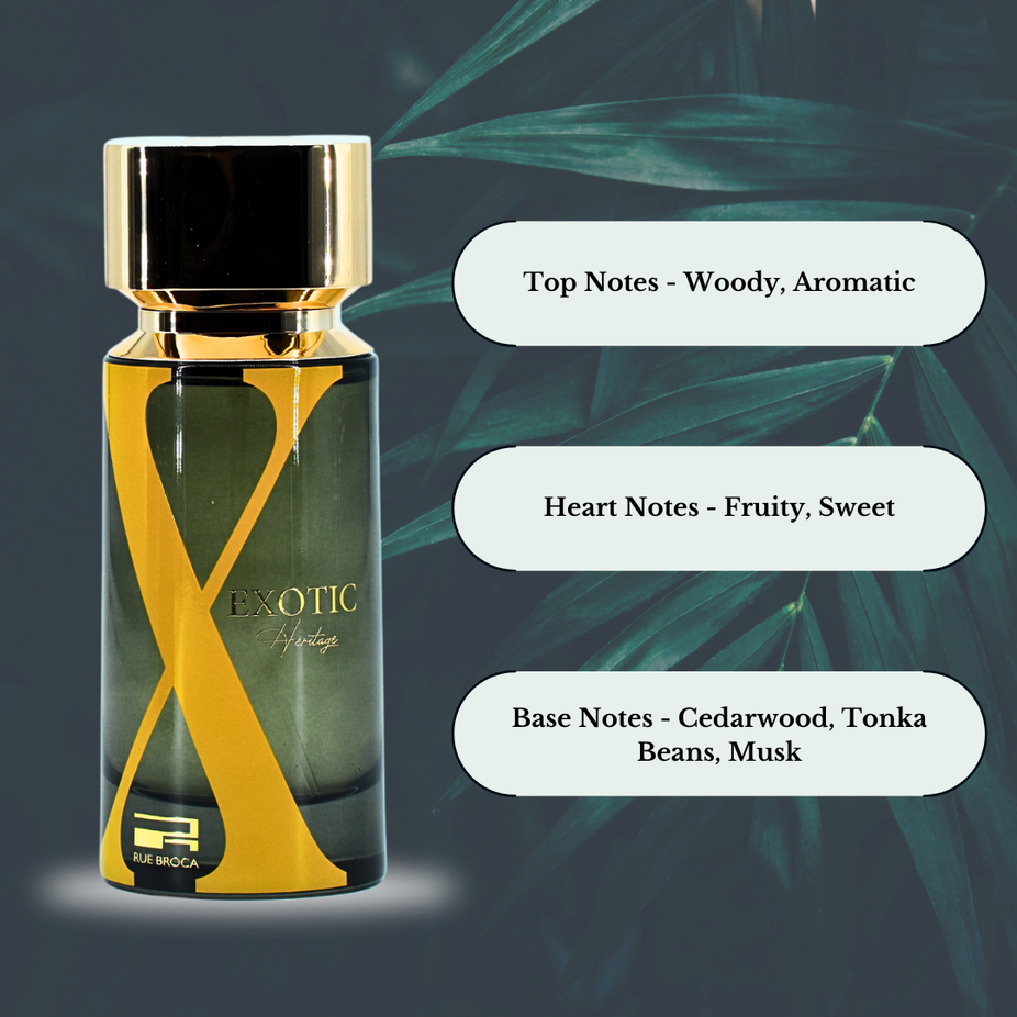Exotic Heritage Pour Homme EDP spray by Rue Broca, 100ML, featuring woody, fruity, aromatic notes in a sleek perfume bottle.