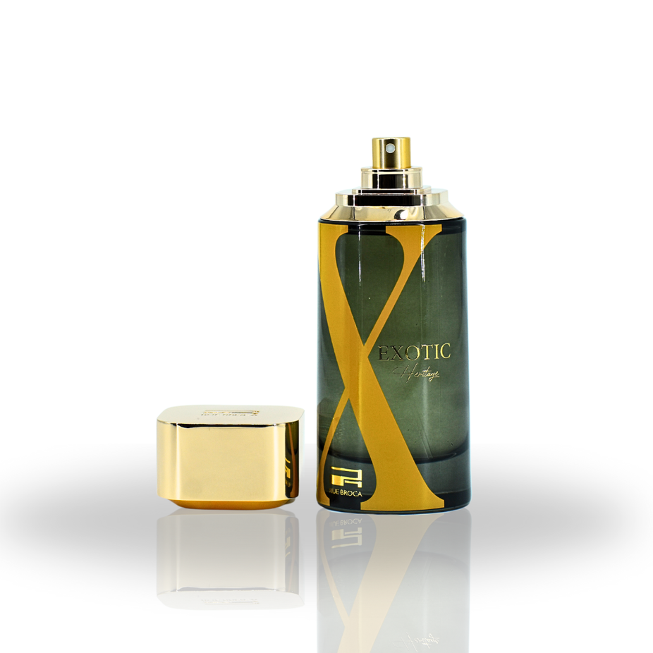 Exotic Heritage Pour Homme Eau De Parfum spray by Rue Broca, 100ML, featuring woody, fruity, aromatic notes in a sleek bottle.