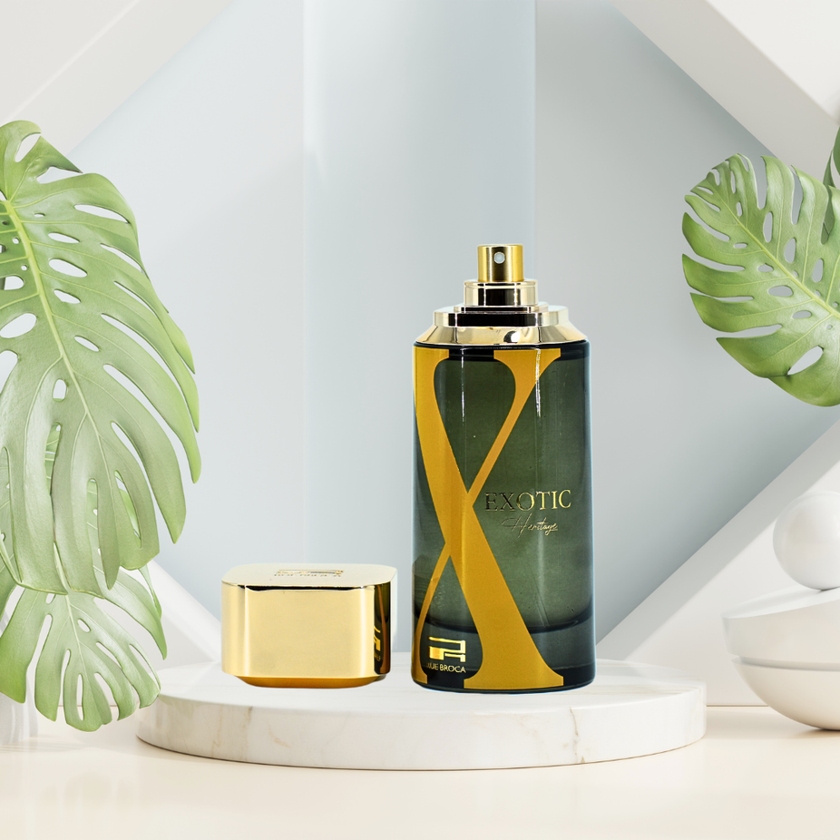 Exotic Heritage Pour Homme and Exotic Paradise Pour Femme Eau de Parfum sprays by Rue Broca, floral fruity refreshing fragrances in 100ml bottles