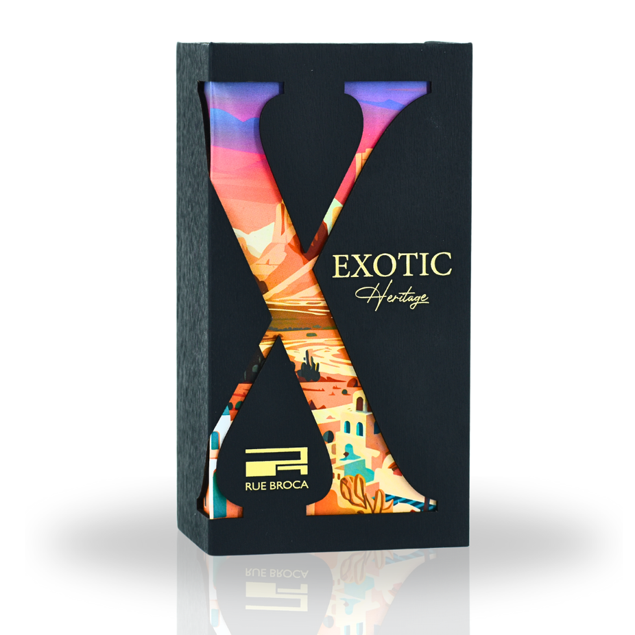 Exotic Heritage Pour Homme EDP spray by Rue Broca, 100ml bottle, featuring woody, fruity, aromatic notes in a sleek design.