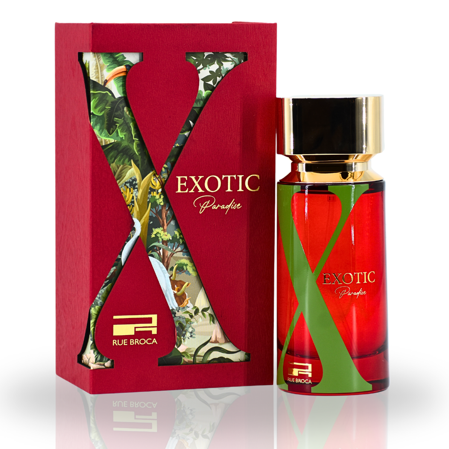 Exotic Heritage Pour Homme and Exotic Paradise Pour Femme Eau De Parfum sprays by Rue Broca, floral and fruity designer fragrances.