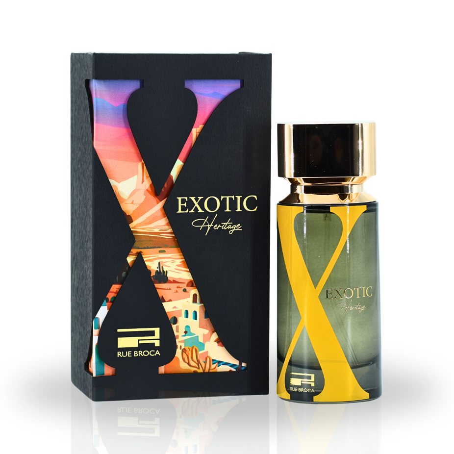 Exotic Heritage Pour Homme and Paradise Pour Femme Eau de Parfum sprays by Rue Broca, floral fruity refreshing scents in 100ML bottles.