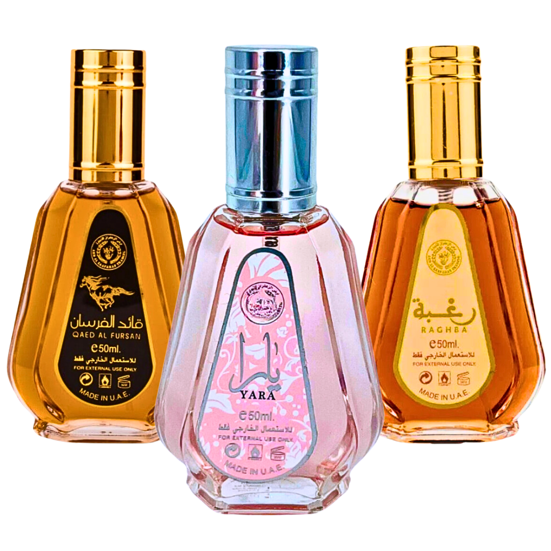 Yara, Qaed Al Fursan & Raghba - EDP 50ML (1.7 OZ) by Ard Al Zaafaran, MINI (Travel Size) Perfumes Collection, Perfumes for Men & Women. (SENSATIONAL BUNDLE) - Intense Oud