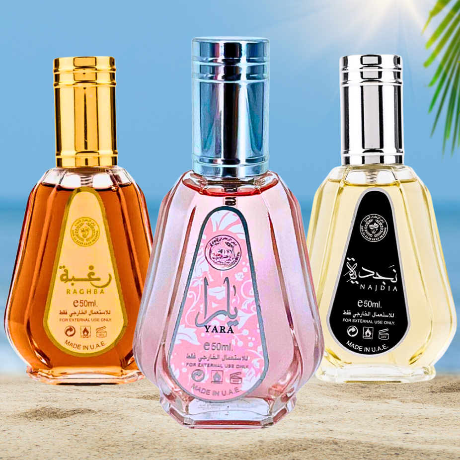 Bundle of three Ard Al Zaafaran Yara, Raghba, and Najdia 50ML EDP perfumes for men and women in a travel-sized collection.