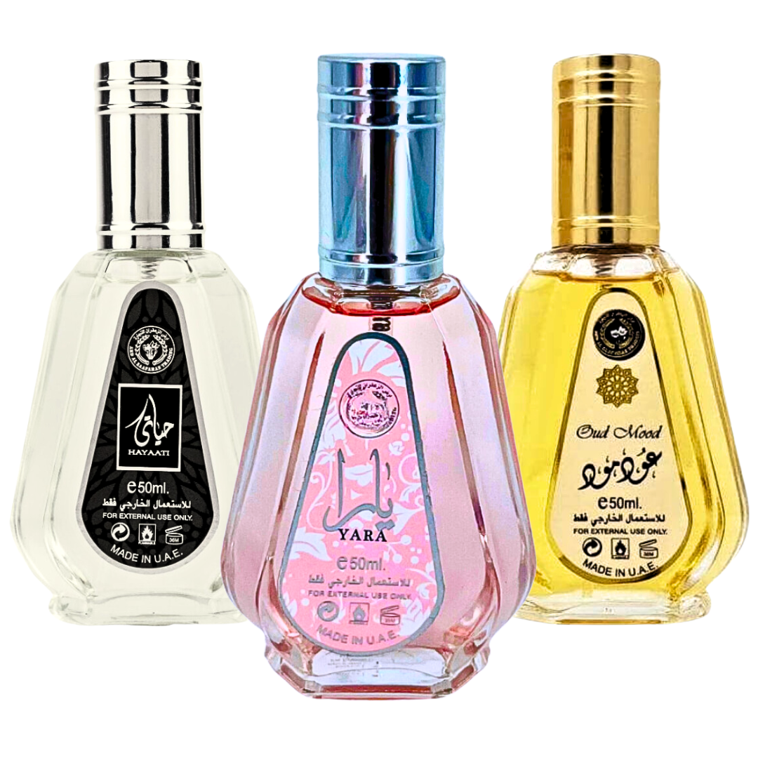 Yara, Hayaati & Oud Mood - EDP 50ML (1.7 OZ) by Ard Al Zaafaran, MINI (Travel Size) Perfumes Collection, Perfumes for Men & Women. (ELEGANT BUNDLE) - Intense Oud