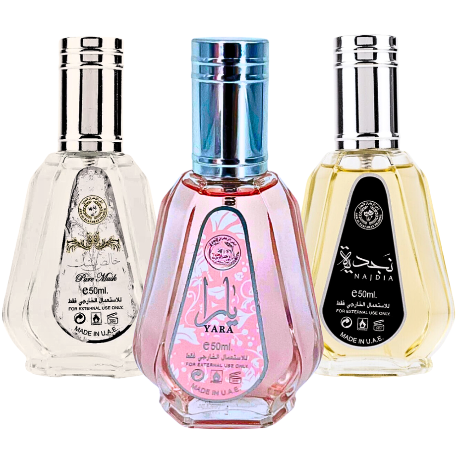 Mini Ard Al Zaafaran Yara, Najdia & Pure Musk EDP perfume set, travel size bottles for men and women, elegant scent collection.