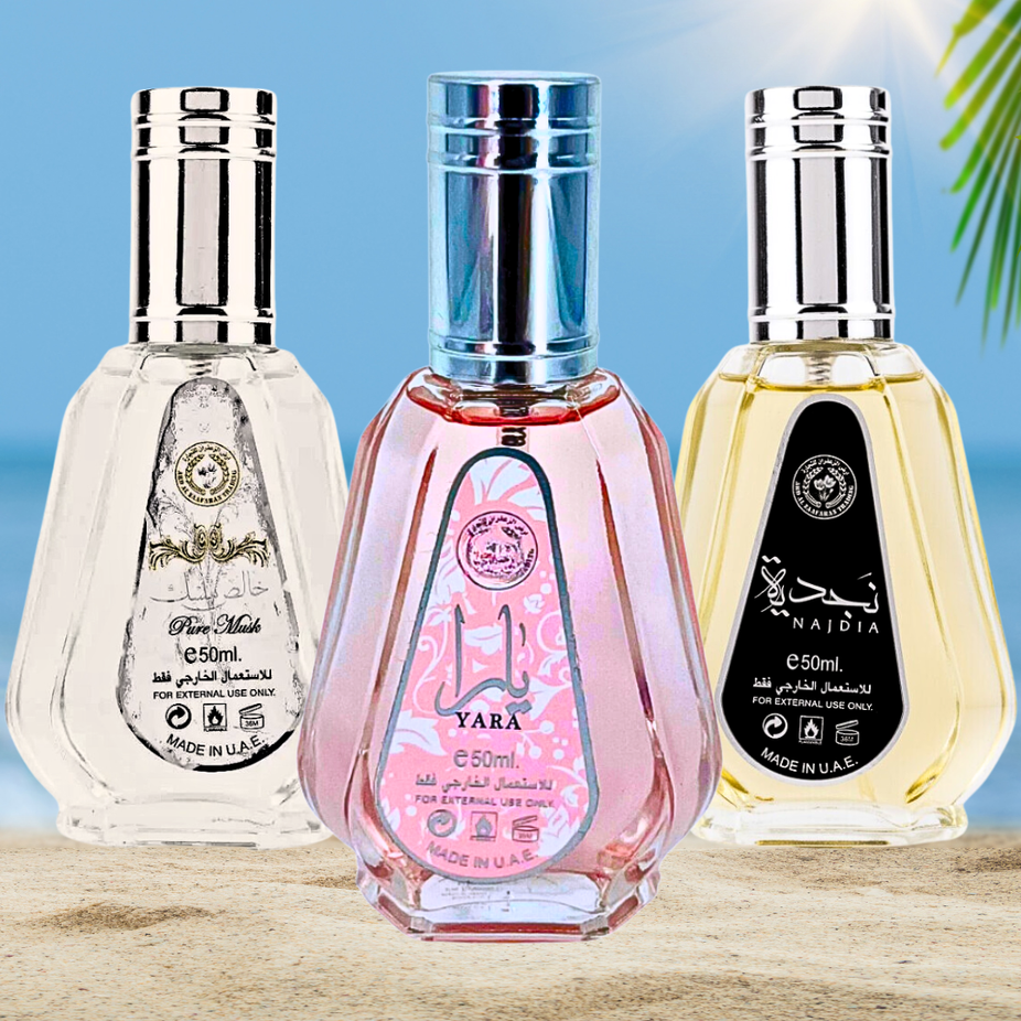 Mini Ard Al Zaafaran Yara, Najdia & Pure Musk EDP perfume set, travel size collection for men and women, 50ml bottles.