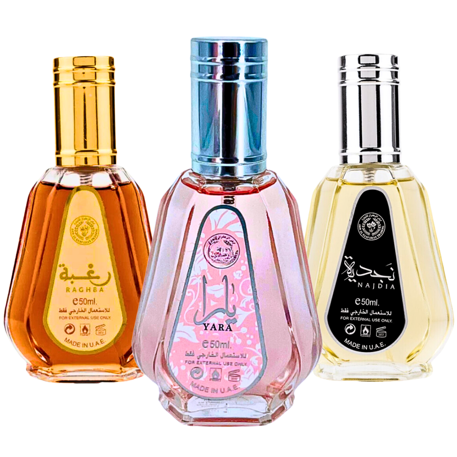 Ard Al Zaafaran Yara, Raghba & Najdia EDP 50ML mini perfume set for men and women, showcasing elegant bottles in a value pack.