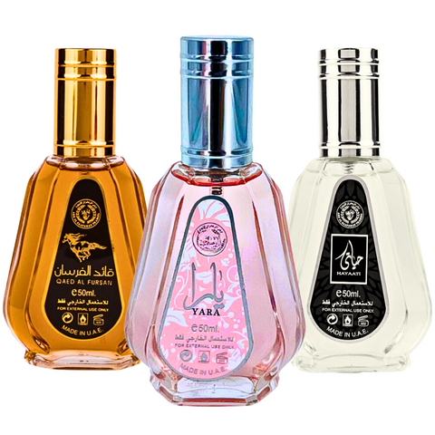 Yara, Qaed Al Fursan & Hayaati - EDP 50ML (1.7 OZ) by Ard Al Zaafaran, MINI (Travel Size) Perfumes Collection, Perfumes for Men & Women. (ICONIC BUNDLE) - Intense Oud