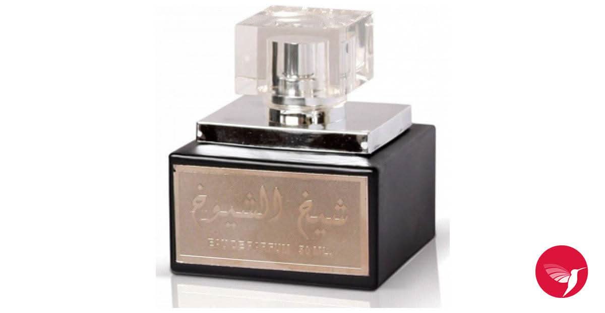 Sheikh Al Shuyukh Black EDP 50ML by Lattafa in a luxurious velvet pouch, showcasing the dark glass perfume bottle with gold accents.