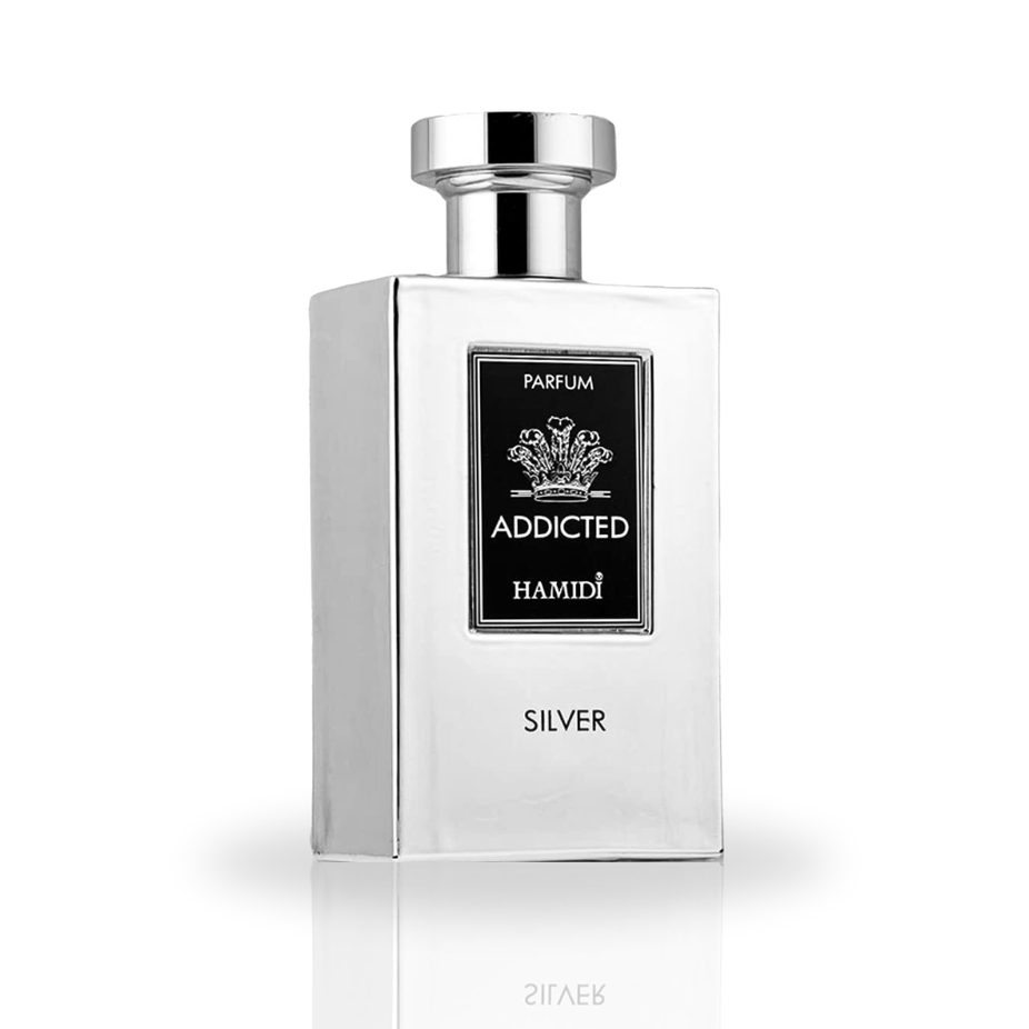 Hamidi Addicted Silver EDP spray bottle, 120ml, showcasing sleek silver packaging and elegant design for long-lasting fragrance.