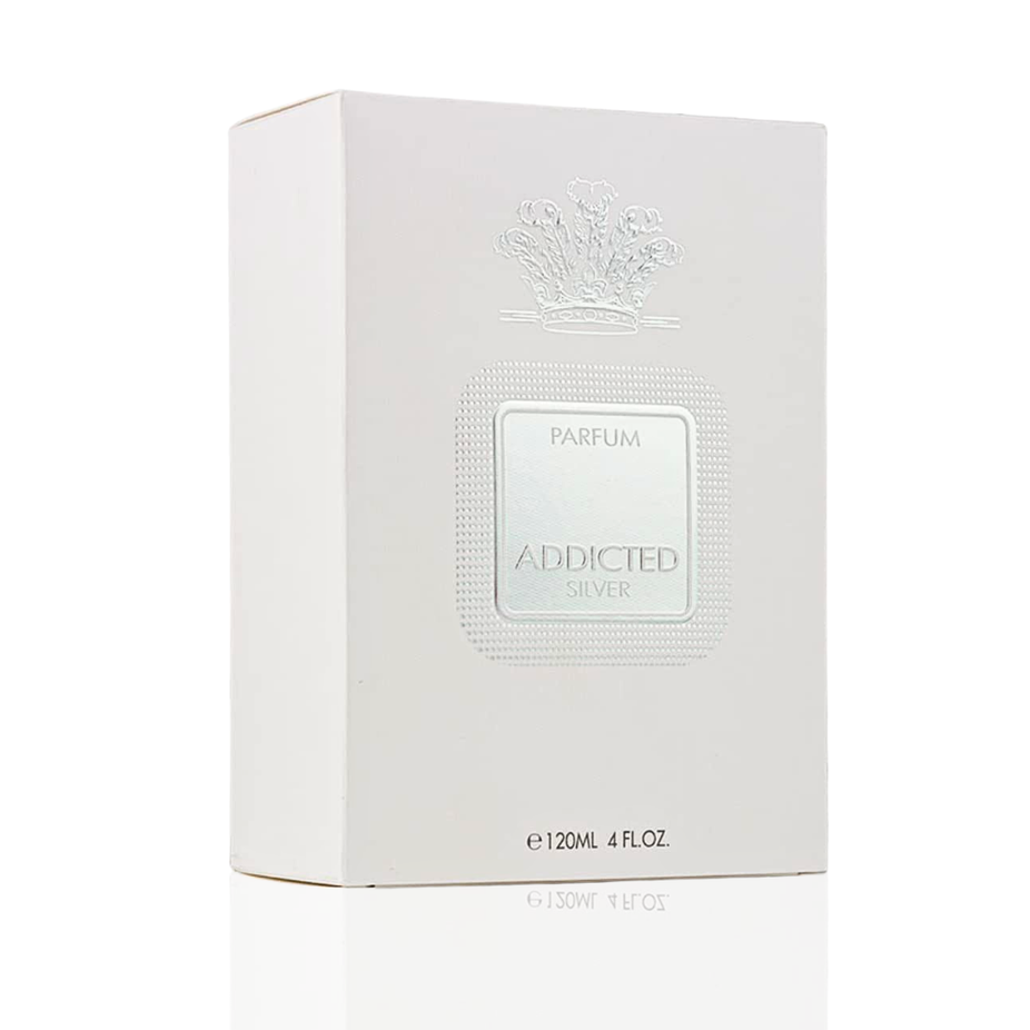 Hamidi Addicted Silver EDP spray 120ml bottle, sleek silver design, showcasing the long-lasting and intense fragrance.