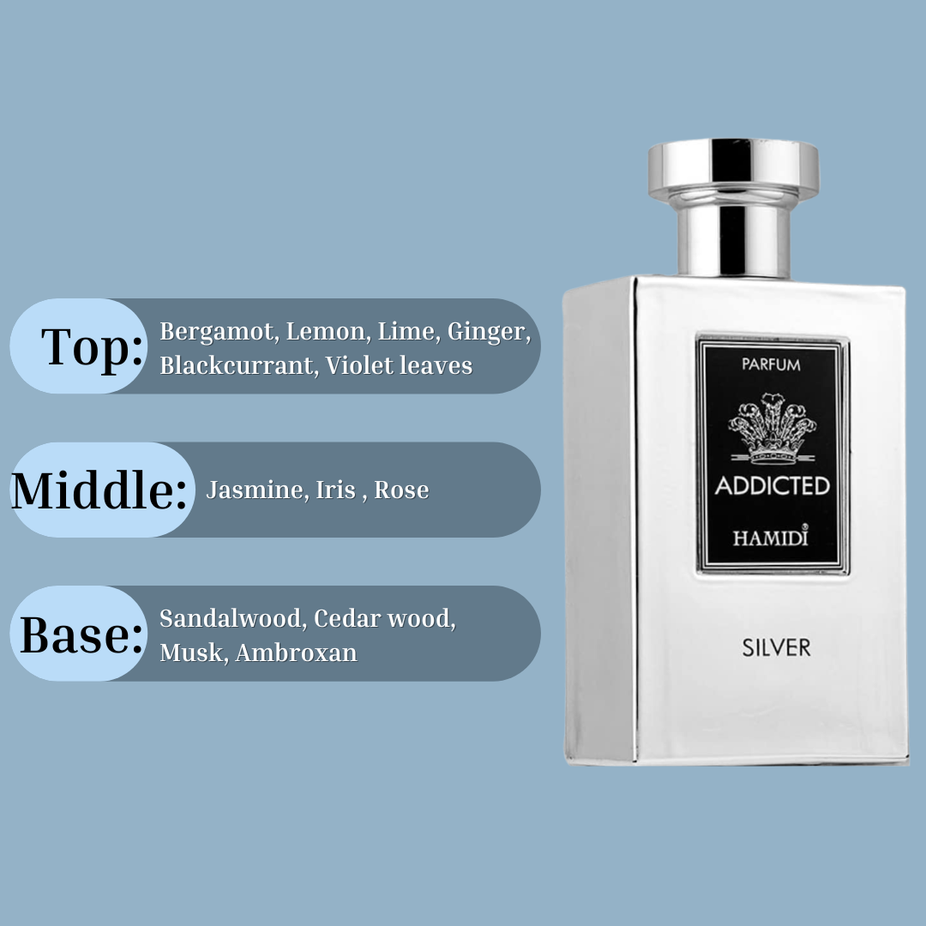 Hamidi Addicted Silver EDP Eau de Parfum spray bottle, long-lasting and intense fragrance, 120ml (4 oz).