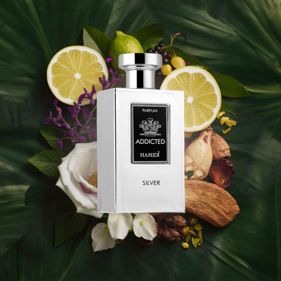 Hamidi Addicted Silver EDP spray 120ML, featuring a sleek silver bottle, showcasing a long-lasting, intense fragrance.