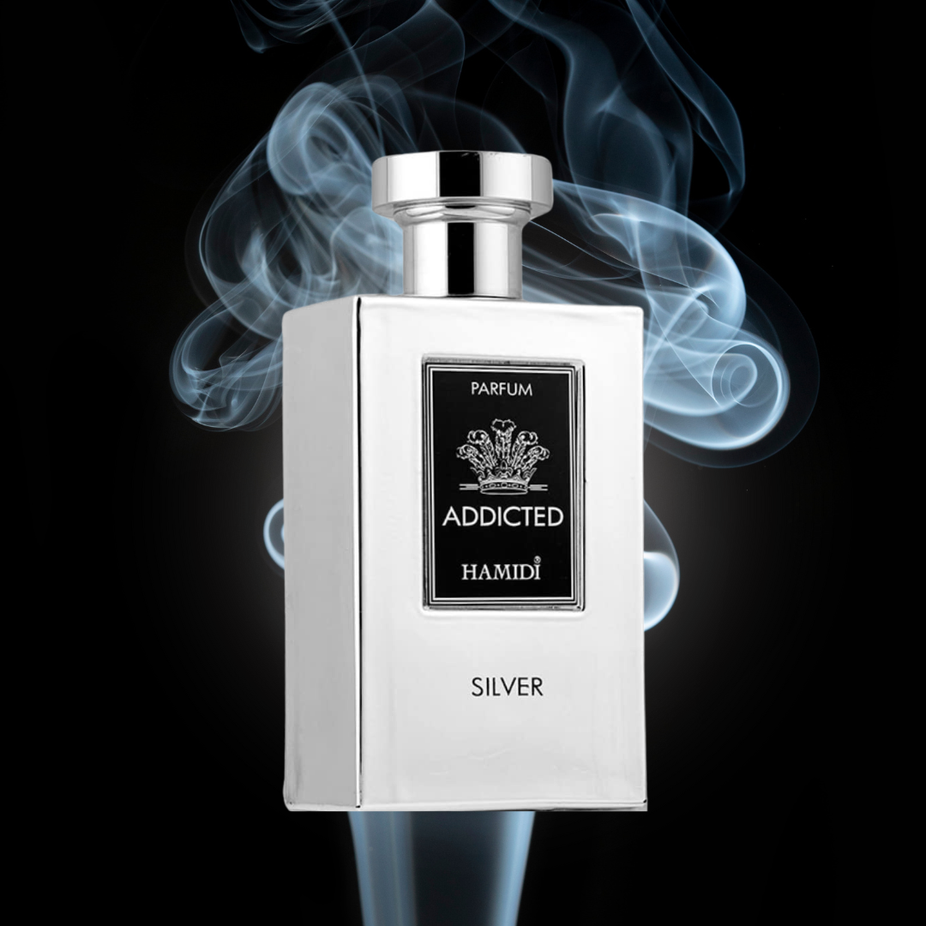 Hamidi Addicted Silver EDP spray bottle, 120ml, showcasing sleek silver packaging and design for a long-lasting, intense fragrance.