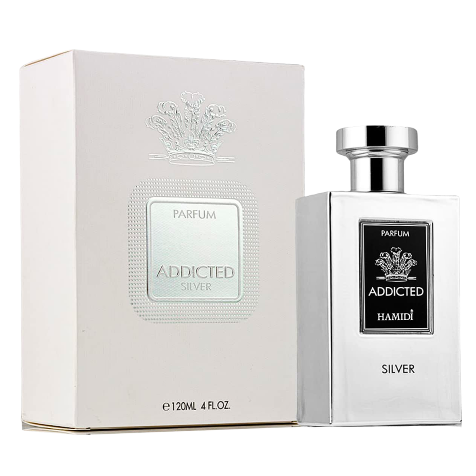 Hamidi Addicted Silver Eau De Parfum spray bottle with silver cap and packaging, showcasing a sleek, modern design.