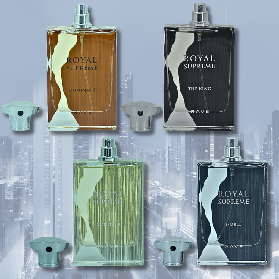 Royal Supreme Dominant and Conquer EDP sprays by RAVE, 100ML, featuring regal bottles in the Supreme Bundle.
