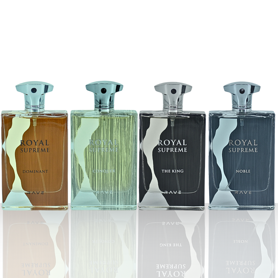 Royal Supreme Dominant, Conquer, The King, Noble EDP sprays by RAVE in a 100ML bottle, part of the Supreme Bundle.