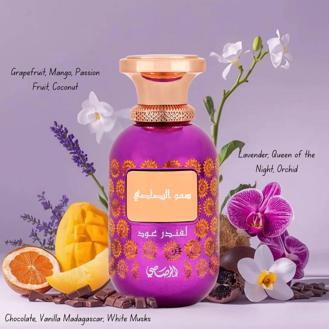 Rasasi perfume bundle with Sceptre Malachite, Somow Al Rasasi Lavender Oud Eau de Parfum, and Rouje perfume oil in a compact set.