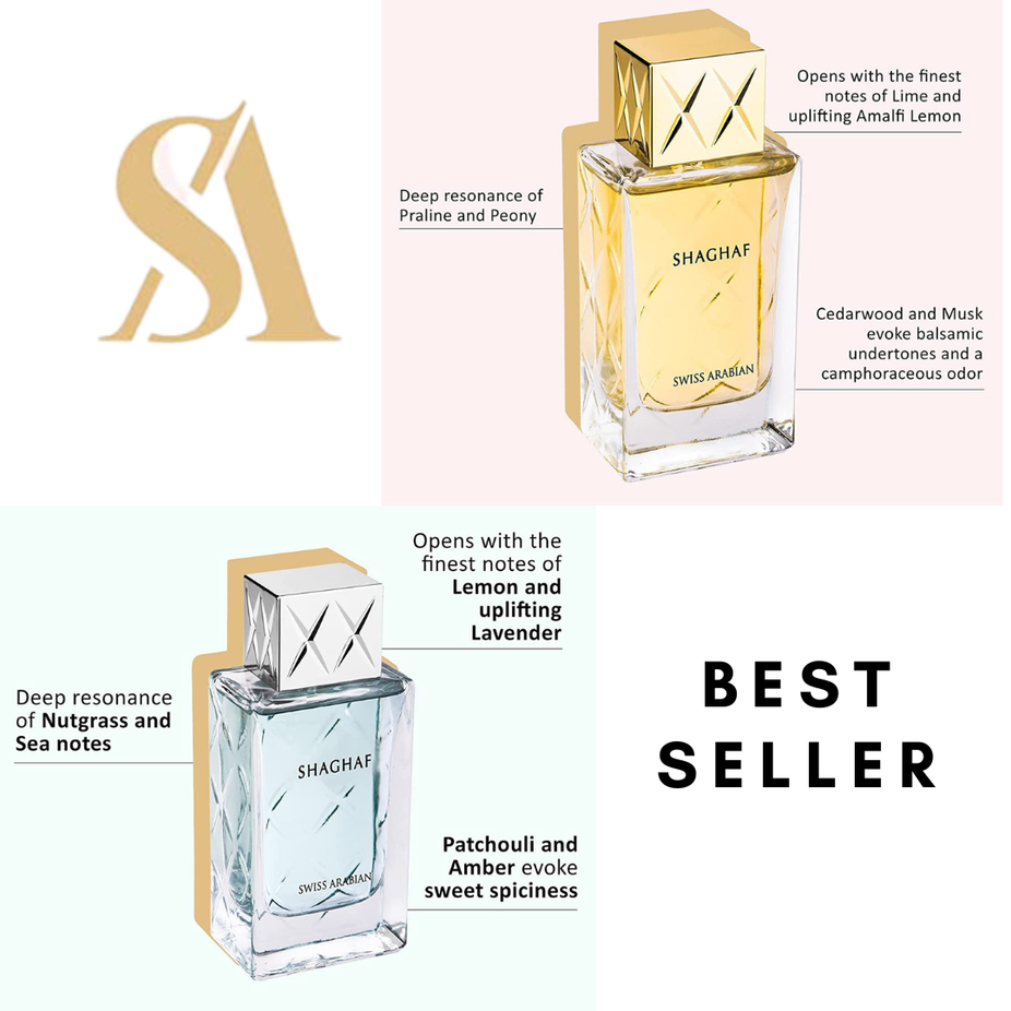 Shaghaf Men and Women Eau De Parfum 75 ML by Swiss Arabian, featuring elegant perfume bottles in the Xtra Value Pack.