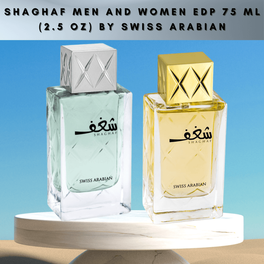 Shaghaf Men and Women Eau de Parfum 75 ML by Swiss Arabian, showcasing the elegant bottle design.