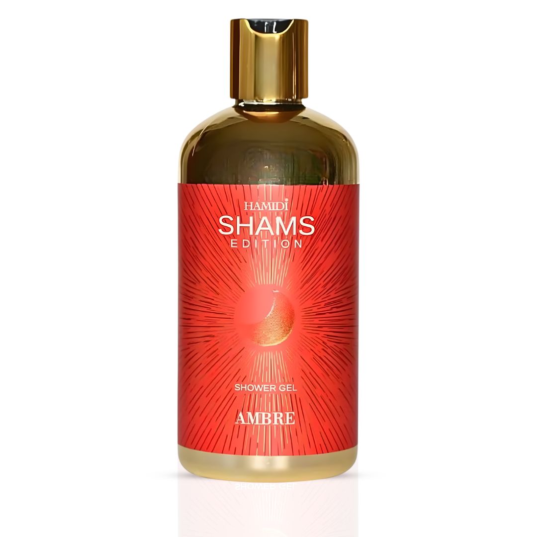 Hamidi Shams Edition Ambre Shower Gel 500ml bottle with label, showcasing the moisturizing and skin-nourishing formula.