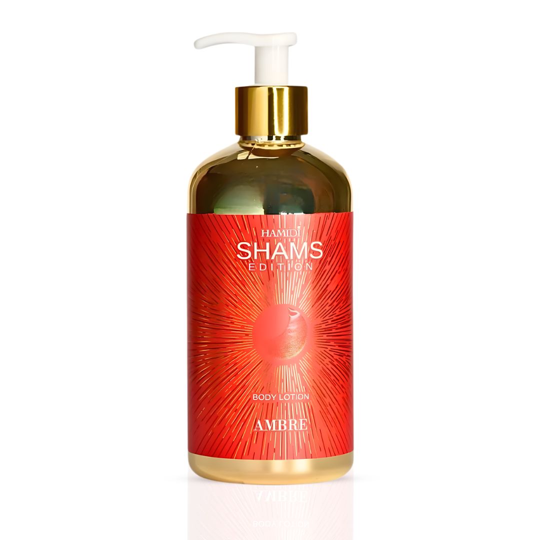 Hamidi Shams Edition Ambre Body Lotion 500ml with a sleek bottle, featuring a luxurious design and a smooth, moisturizing texture.