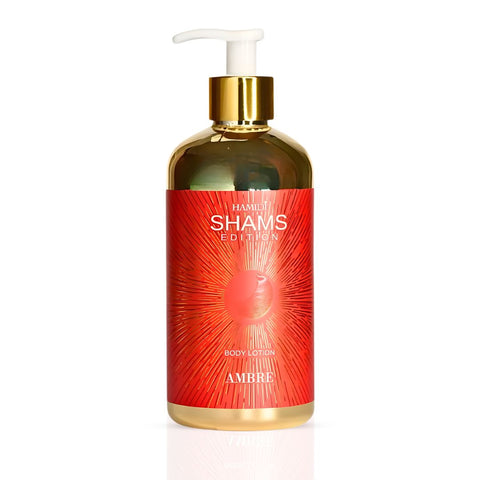 Hamidi Shams Edition Ambre Body Lotion 500ml with a sleek bottle, featuring a luxurious design and a smooth, moisturizing texture.