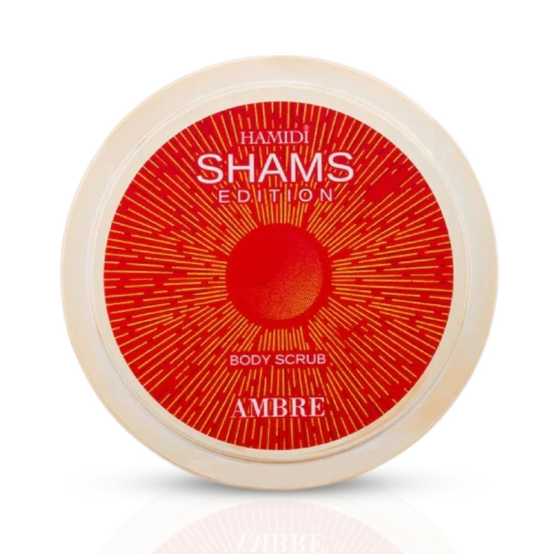 Hamidi Shams Edition Ambre Body Scrub in 250ML jar, exfoliating for soft, smooth skin with naturally derived ingredients.