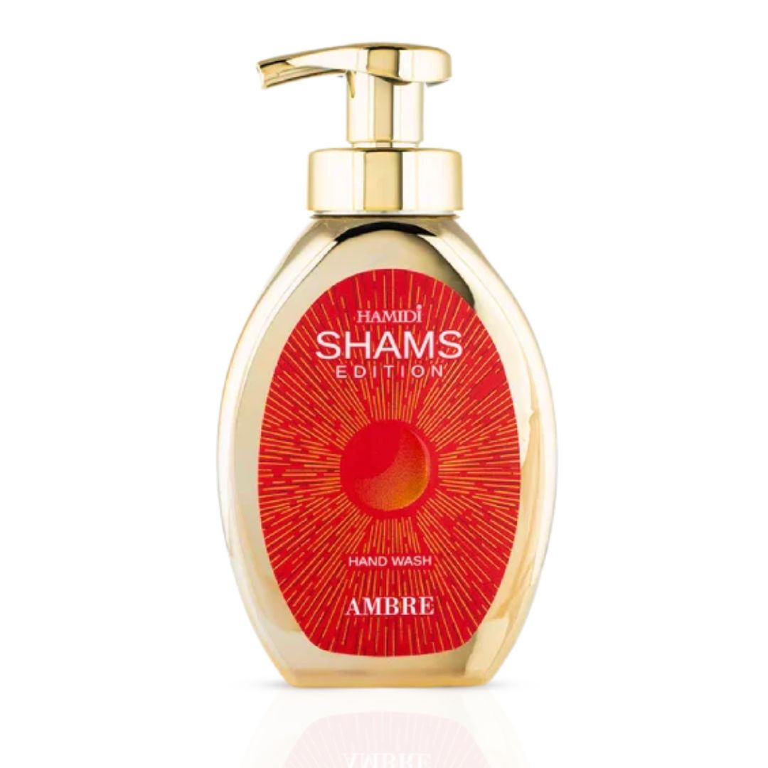 Hamidi Shams Edition Ambre Hand Wash 350ml bottle with elegant label, showcasing its luxurious, moisturizing formula for skin rejuvenation.