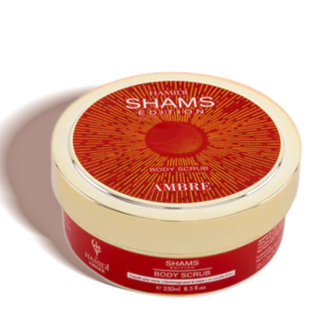 Hamidi Shams Edition Ambre Body Scrub in 250ML jar, featuring natural ingredients for gentle exfoliation and soft, smooth skin.