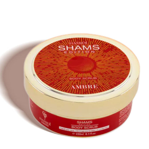 Hamidi Shams Edition Ambre Body Scrub in 250ML jar, featuring natural ingredients for gentle exfoliation and soft, smooth skin.