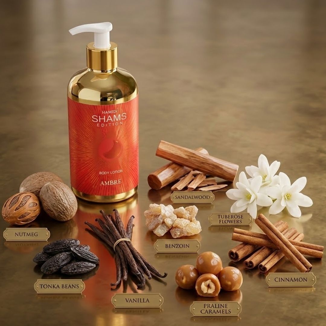 Hamidi Shams Edition Ambre Body Lotion 500ml with sweet fragrance, ultra moisturizing and skin-nourishing for dry skin.