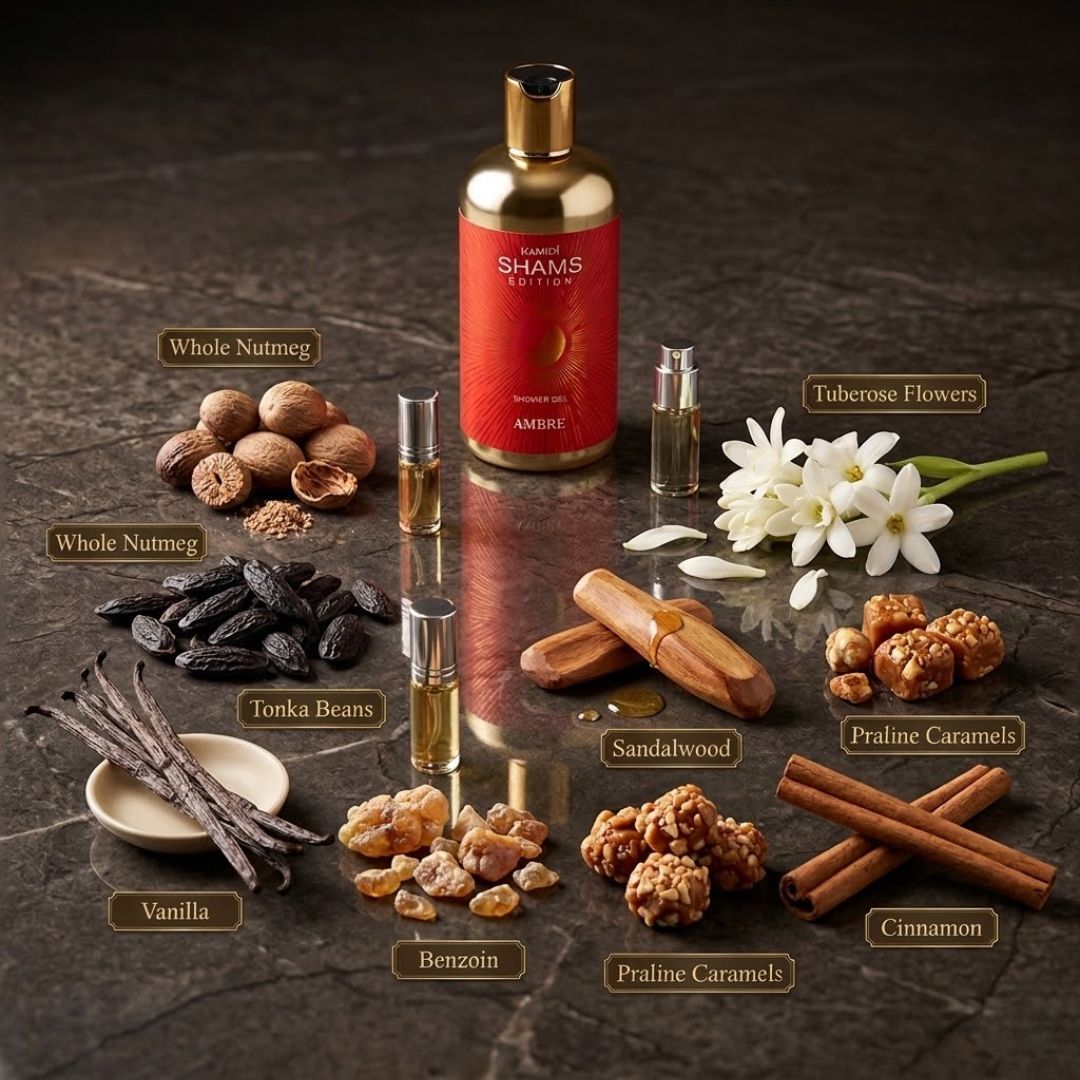 Hamidi Shams Edition Ambre Shower Gel 500ml with a sleek bottle, emphasizing moisturizing and skin-nourishing qualities.