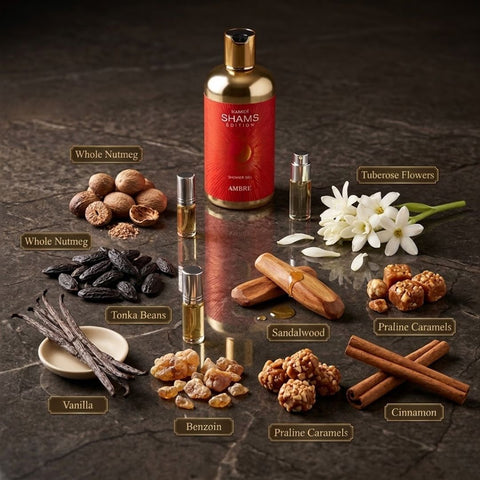 Hamidi Shams Edition Ambre Shower Gel 500ml with a sleek bottle, emphasizing moisturizing and skin-nourishing qualities.