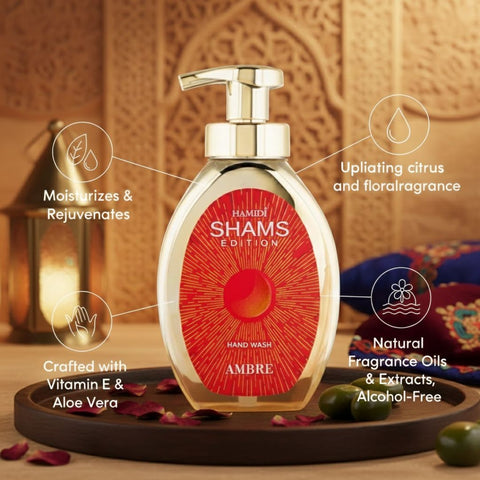 Hamidi Shams Edition Ambre Hand Wash 350ml bottle with elegant packaging, showcasing a luxurious, moisturizing hand wash for rejuvenated skin.
