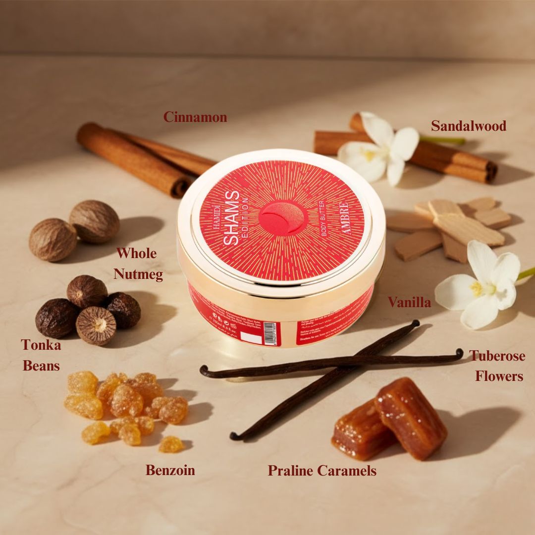 Hamidi Shams Edition Ambre Body Butter 250ML with rich texture and aromatic fragrance, designed for ultra moisturizing and skin nourishment.