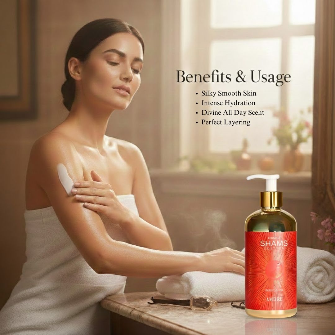 Hamidi Shams Edition Ambre Body Lotion 500ml with moisturizing, skin-nourishing formula and sweet fragrance in a pump bottle.