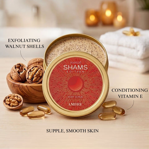 Hamidi Shams Edition Ambre Body Scrub with natural ingredients in 250ML bottle, exfoliates gently for soft, smooth skin.