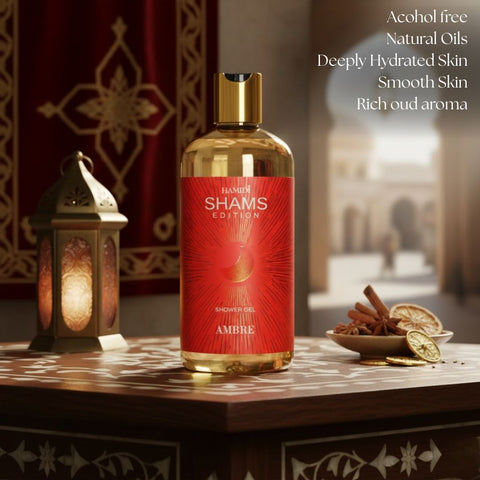 Hamidi Shams Edition Ambre Shower Gel 500ml bottle with a sleek label, highlighting moisturizing and skin-nourishing qualities.