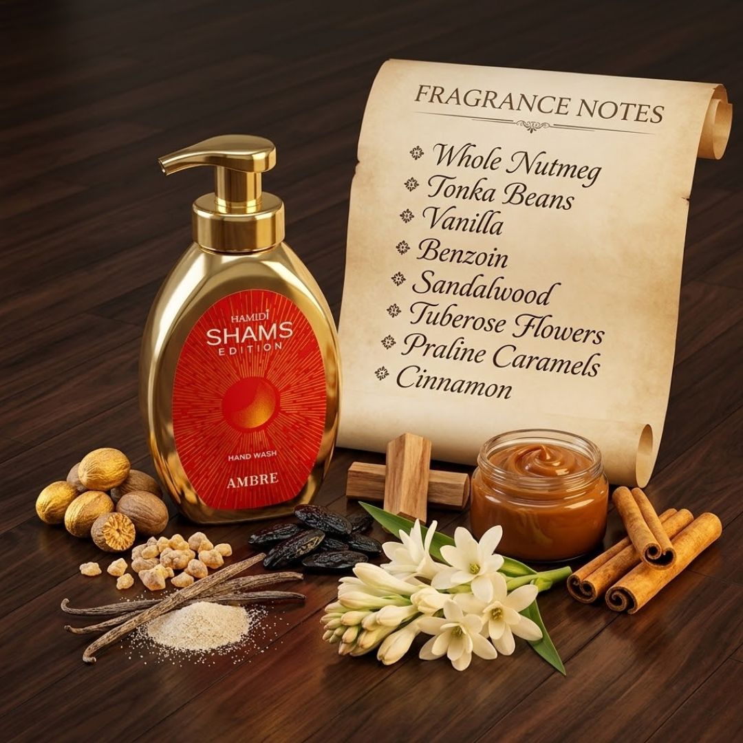 Hamidi Shams Edition Ambre Hand Wash 350ml bottle with elegant label, showcasing moisturizing formula for rejuvenating skin.