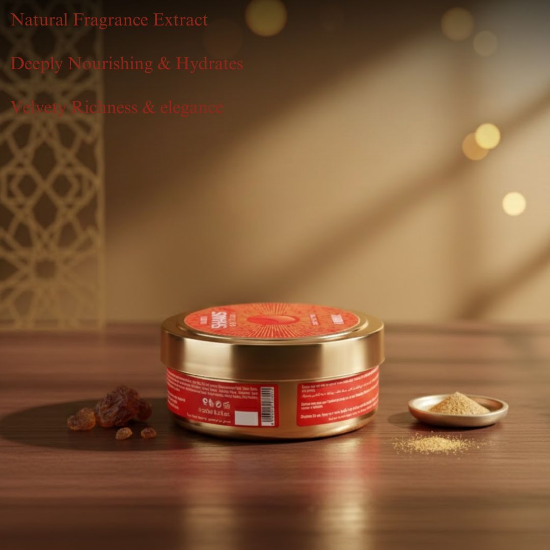 Hamidi Shams Edition Ambre Body Butter 250ML with rich, aromatic fragrance, showcasing creamy texture and nourishing skin benefits.
