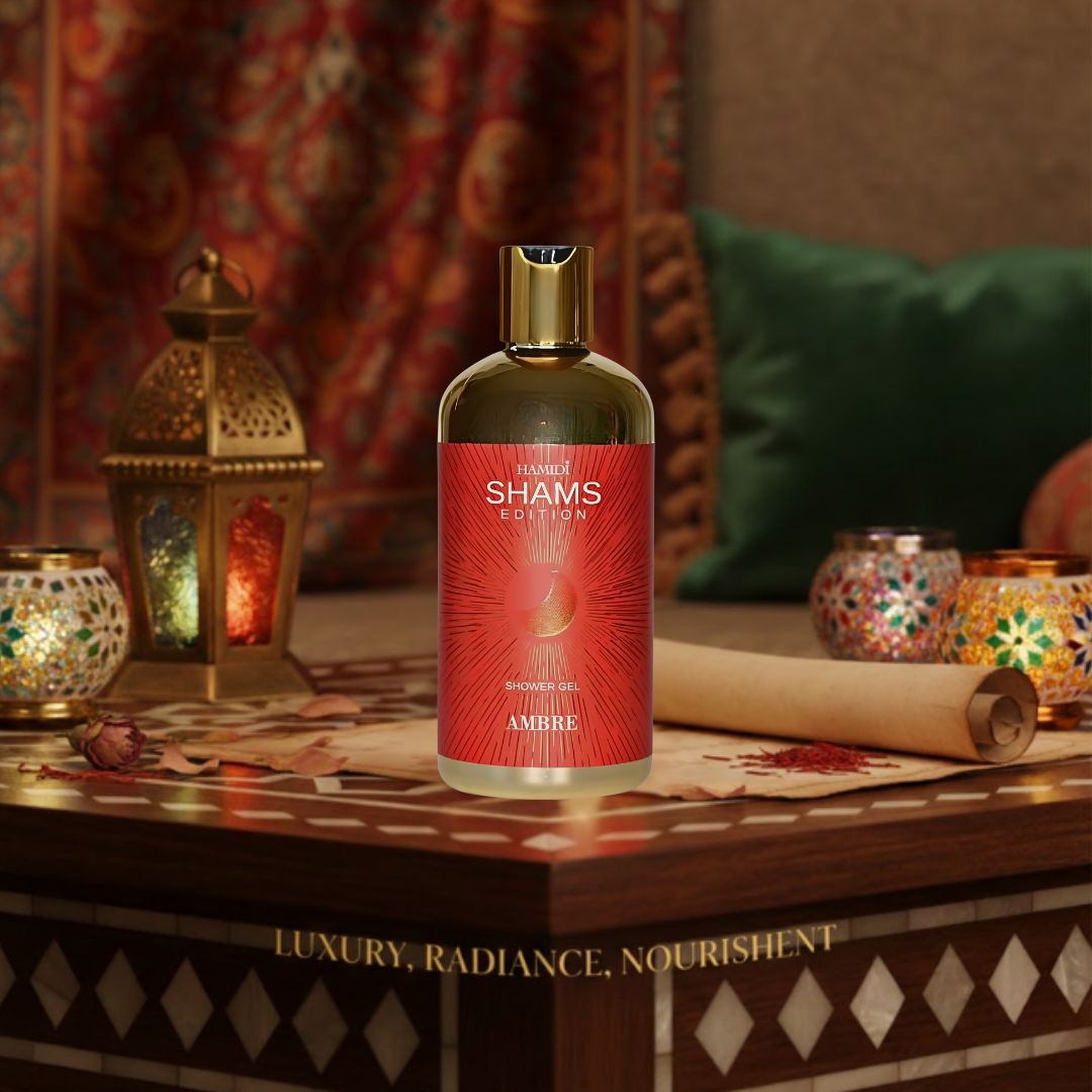 Hamidi Shams Edition Ambre Shower Gel 500ml with sleek bottle, highlighting moisturizing and skin-nourishing features.
