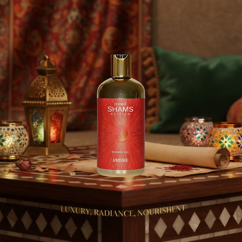 Hamidi Shams Edition Ambre Shower Gel 500ml with sleek bottle, highlighting moisturizing and skin-nourishing features.