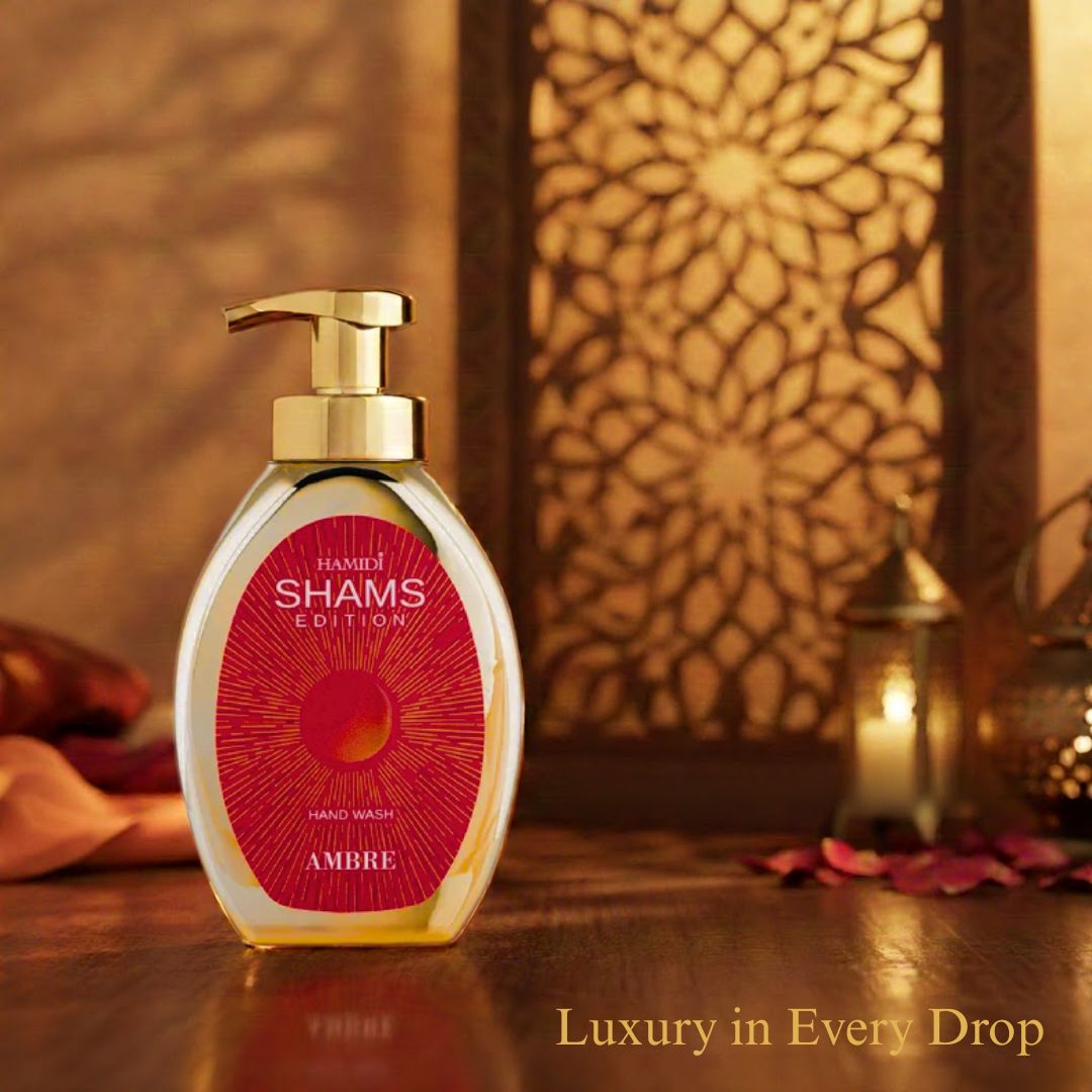 Hamidi Shams Edition Ambre Hand Wash bottle with elegant label, showcasing moisturizing and rejuvenating qualities in a 350ml size.