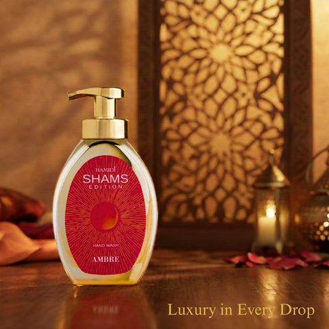 Hamidi Shams Edition Ambre Hand Wash bottle with elegant label, showcasing moisturizing and rejuvenating qualities in a 350ml size.