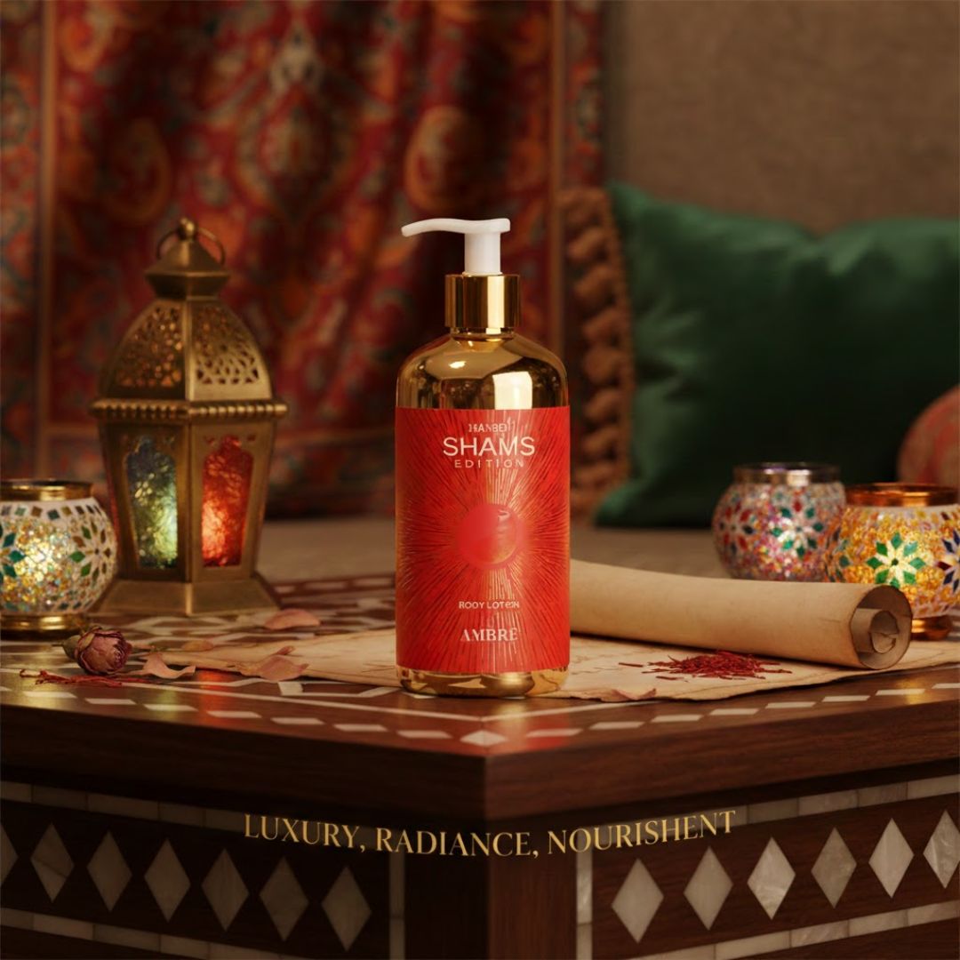 Hamidi Shams Edition Ambre Body Lotion 500ml bottle with creamy texture and elegant packaging, designed for moisturizing dry skin.